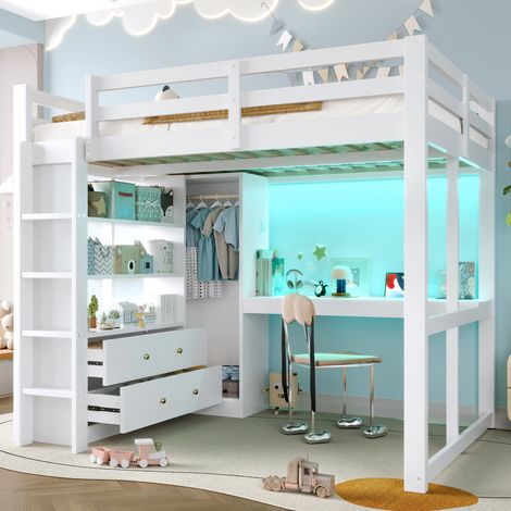 Lit Mezzanine 140x200 cm avec Bureau, Armoire, 2 Tiroirs, LED, USB, Structure Pin et MDF Blanc