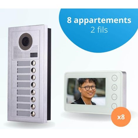 Portier interphone vidéo MODERN 2 Fils - 8 appartements - 8 écrans blancs