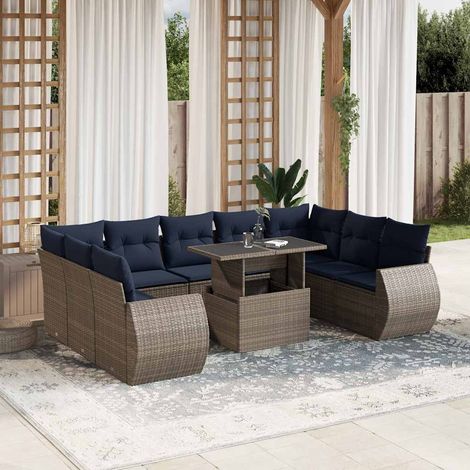10-teiliges Gartensofa-Set mit Kissen, grau, Polyrattan (1/5)