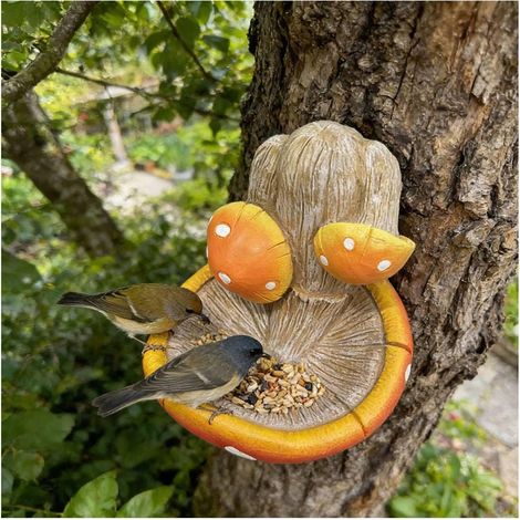 Mangeoire à oiseaux en forme de champignon, idéale comme objet décoratif pour la campagne ou le jardin. Dimensions : 12,5 × 9 × 10,5 cm. (1/5)