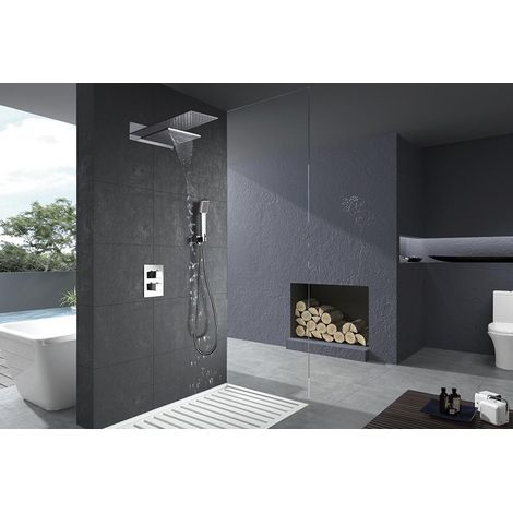 Greenice – Colonne de douche encastrée thermostatique – Pommeau grand diamètre carré – Finition chrome – Acier et laiton – Compatible toutes sources d’eau chaude (1/5)