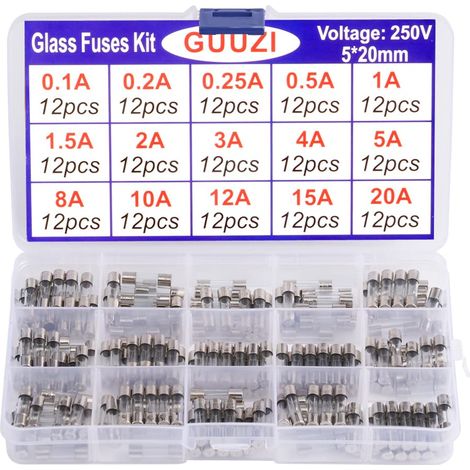 15 Values 180pcs 5 x 20 mm 250 V Fast Melting Glass Fuse Assortment Kit 0.1A/0.2A/0.25A/0.5A/1A/1.5A/2A/3A/4A/5A/8A/10A/12A/15A/20A (1/5)