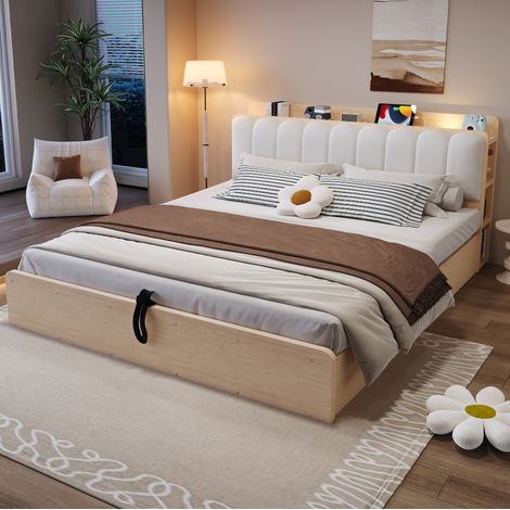 Lit coffre 180x200 cm en bois naturel, rangement hydraulique gain de place sans matelas – MEUBLIV (1/5)