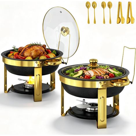 5QT Lot de 2 chauffe-plats ronds avec couvercle transparent en acier inoxydable doré pour fêtes et événements de restauration (1/5)