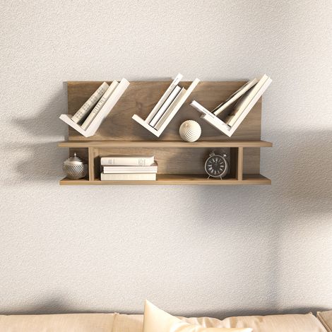 Decorotika Larissa Unique Design Wall Mounted Shelf Biblothèque Walnut Pattern and Blanc (1/4)
