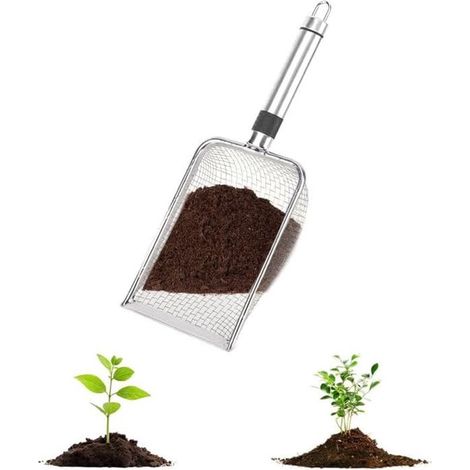 Setaccio per terriccio da giardino con manico, in acciaio inox, a grana grossa e fine, per terra, pietre, compost, erbacce, sabbia, ghiaia e semi, 28,810 cm, argento. (1/5)