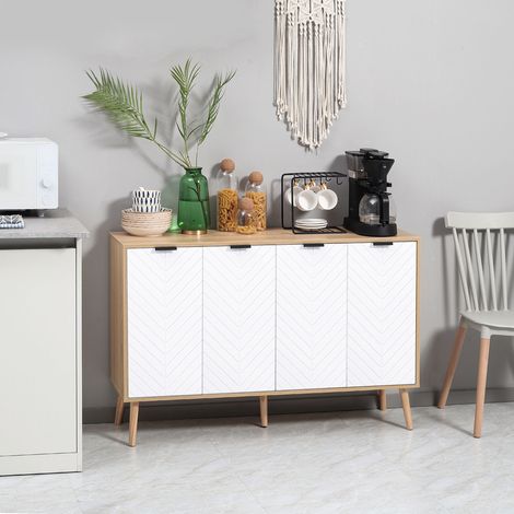 Mobile buffet ausiliario con ripiani regolabili, 2 ante e meccanismo antiribaltamento, portata 50 kg, 120x35x77,4 cm, bianco e naturale.