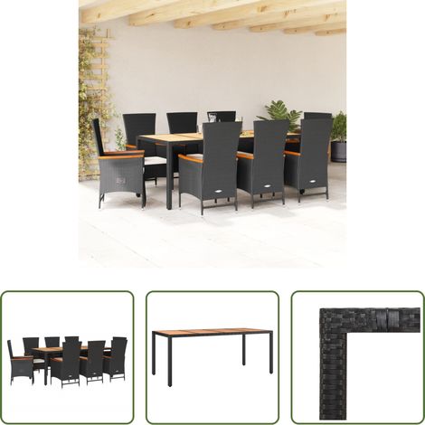 vidaXL Liegestuhl - 9-tlg. Garten-Essgruppe mit Kissen Schwarz Poly Rattan (1/5)