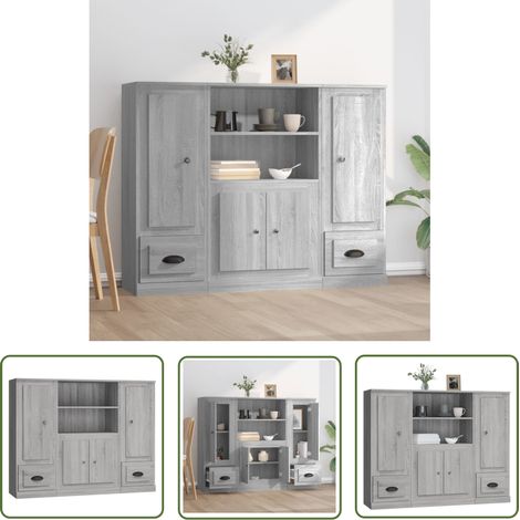The Living Store Buffets 3 pcs sonoma gris bois d'ingénierie - Buffet Design Moderne - Meuble Rangement Cuisine - Buffet Gris - Buffet Salon - Buffet Industriel (1/5)