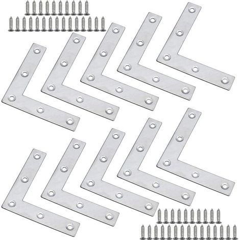 Lot de 10 Équerre à Angle Plat 80 x 80 x 1,5mm en Acier Inoxydable Plus Épaise Équerres Plates en Forme de L pour Fixation des Meubles à Bois tels que Table et Fenêtre et Étagère avec Vis