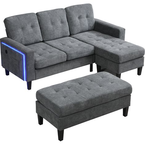 Sofá rinconera L modular gris con chaise longue, puff XXL móvil, LED y USB (1/5)