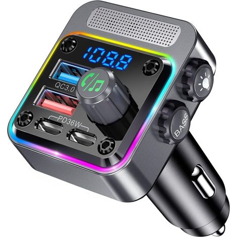 Adattatore Bluetooth per auto, trasmettitore FM Bluetooth, ricarica rapida PD da 36 W QC3.0 18 W, adattatore per accendisigari con musica, chiamate in vivavoce, potenziamento dei bassi, adattatore per (1/4)