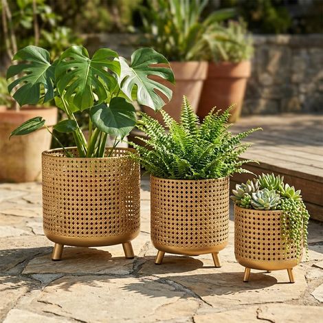 Lot de 3 Grands Pots de Fleurs décoratifs en métal avec Design Creux pour intérieur et extérieur, Jardin, Maison, Balcon, Balustrade, clôture (doré) (1/5)