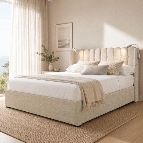 Bett mit Stauraum Leinen Natürlich 140x200 cm, mit Leselicht, USB-Ladefunktion und Lattenrost (1/5)