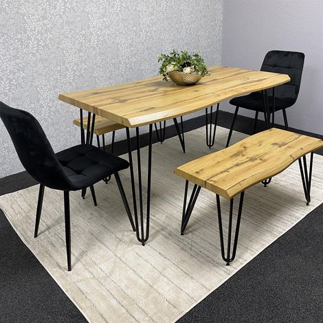 Brown Wooden Dining Table with 2 Black Chairs and 2 Benches - Dining Kitchen Room Furniture (1/5)
