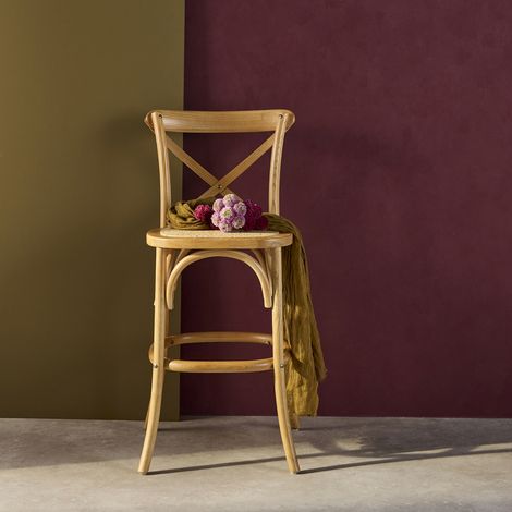 Tabouret de bar bistrot vintage en bois naturel avec repose-pieds (1/5)