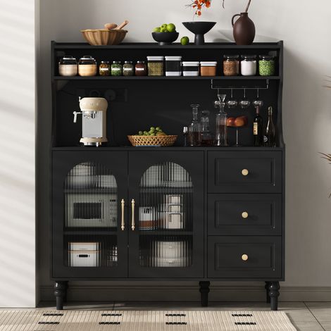 Buffet haut 120 × 40 × 138.5 cm avec 3 tiroirs portes vitrées cannelées rangement vin et port USB-C  Pour cuisine MDF Noir