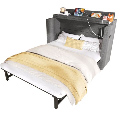 Lit escamotable 140x200, lit armoire en lin gris avec ports USB/Type-C, tiroir de rangement et étagère, idéal pour petits espaces. (1/5)