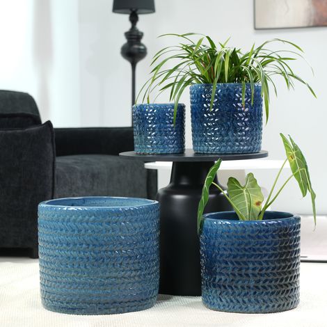 Vaso da fiori in ceramica Ø31 cm blu scuro lucido con rilievo chevron DESVIAE (1/5)