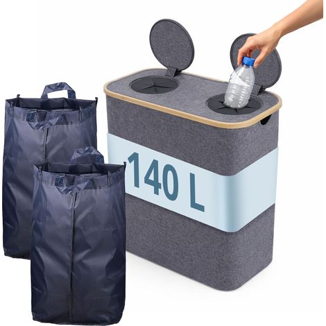 Relaxdays Pfandflaschen Sammelbehälter, 140 L, bis 60 Flaschen, 2 Innenbeutel, Flaschensammler für Glas & Plastik, grau (1/5)
