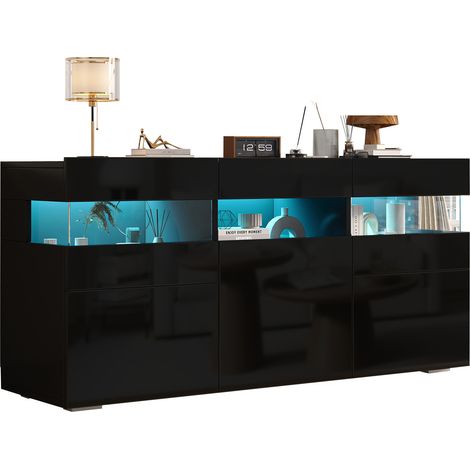 Buffet bas de salon avec 3 portes, 7 espaces de rangement, façade brillante, LED pilotée par application, finition noire CHICFURN (1/5)