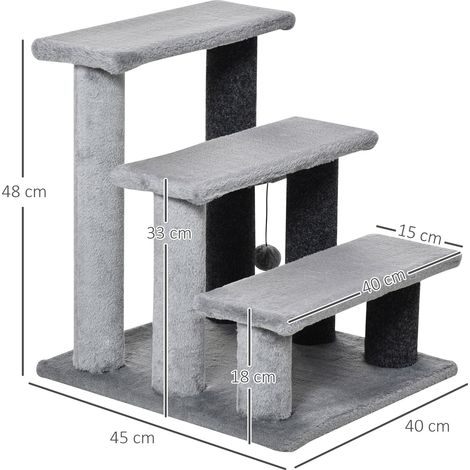 Escalier pour chat, escalier pour animaux de compagnie à 3 marches avec griffoirs, balle, escalier pour chien, escalier pour chats, jute peluche gris, 45 x 40 x 48 cm (1/5)