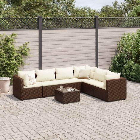 7-tlg. Garten-Lounge-Set mit Kissen Braun Poly Rattan