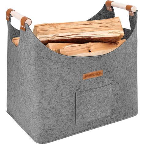 XL Panier bois cheminée en feutre, Gris pigeon, 45x40x32cm Feutre très épais, Poignée renforcée, Pliable, Multi-usage (courses, bois, journal) (1/5)