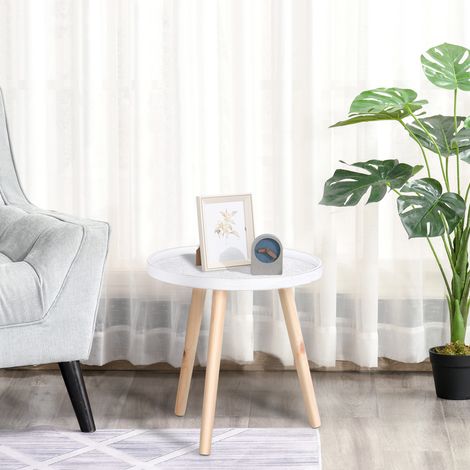 Table Basse Ronde avec Bord Relevé en Bois, Φ40x40.5cm - Blanc et Or (1/5)