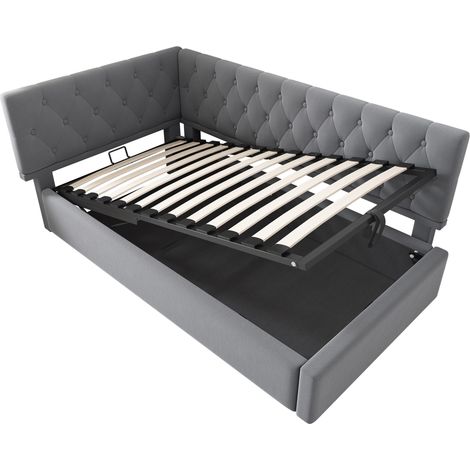 Cama tapizada 90x200 cm de terciopelo gris con canapé de almacenamiento hidráulico HOMVRA (1/5)