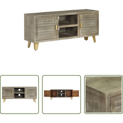 vidaXL Meuble de salon - Meuble TV Bois solide de manguier Gris avec laiton 110x30x48 cm (1/5)