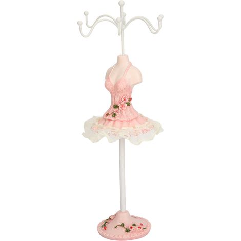 Présentoir à bijoux rose en résine représentant une robe de princesse, idéal pour boucles d'oreilles et colliers. (1/5)