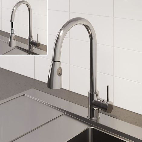 Pull Out Kitchen Tap Single Lever Modern Mono Sink Mixer Hot Cold Faucet - Baden Chrome Finish