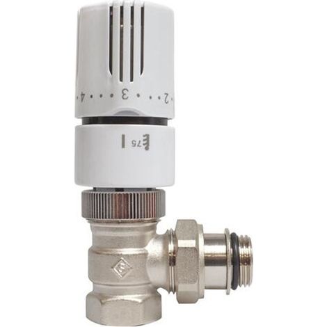 Blanc Habitat – Robinet thermostatique équerre 1/2" – Corps laiton nickelé – Bulbe à dilatation de cire – Température maxi 110°C – Protection anti-gel