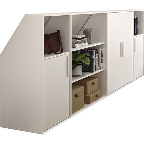 Vente-Unique – Bibliothèque sous pente 4 portes – 2 étagères – Panneau de particule blanc – Dimensions 278.8x110x50cm – Éco-responsable fabriqué en France