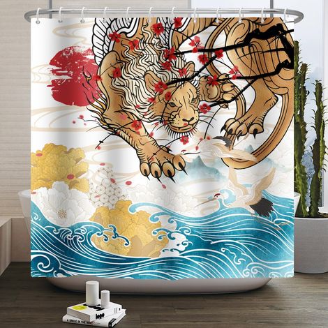 120x180cm Japonais Tigre Rideau de Douche Japonais océan Mont Fuji Rouge Soleil Sakura Grue Blanche Asiatique Japonais Traditionnel Ukiyo e Art Rideau de Salle de Bains avec Crochet (1/5)