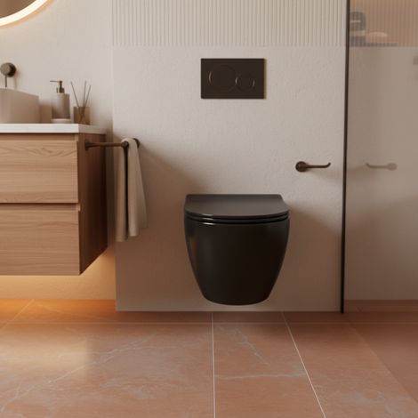 LANERI Hänge-WC Serie New Bent – Spülrandlos – Ohne Brida – Schwarz Matt – Kompakte Größe 49,5 cm – Soft-Close WC-Sitz