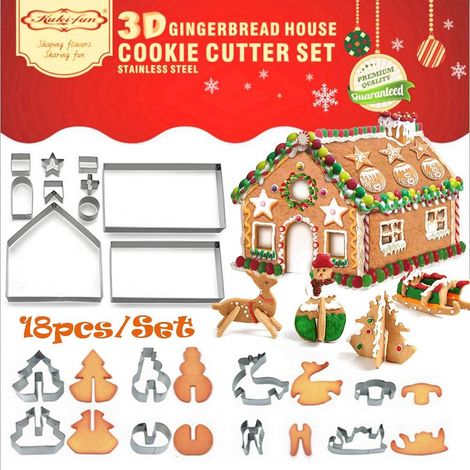 Ensemble de 18 emporte-pièces pour maisons en pain d'épices, kit d'emporte-pièces 3D en acier inoxydable pour maisons de Noël, incluant des formes sapin de Noël, bonhomme de neige, renne, traîneau (1/5)
