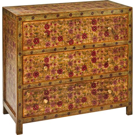 Commode ethnique à 3 tiroirs design floral rouge et jaune Frida (1/4)