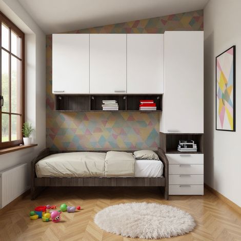 Cameretta a mezzo ponte con divano letto, armadio e cassettiera - Bianco e Olmo (1/5)