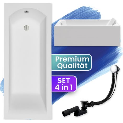 Badewanne Rechteck 150x70 mit AcrylSchürze, Ablaufgarnitur & Füßen GRATIS - Komplettset 4in1 Original Acryl Wanne Siphon - BADLAND SHEA (1/5)