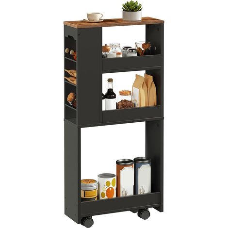 Chariot à 4 Niveaux, 40 x 15 x 85,5 cm, Chariot de Service Étroit avec 4 Roues Pivotantes Verrouillables, pour Petits Espaces, Cuisine, Salle de Bains, Salon, Noir et Marron Rustique (1/5)