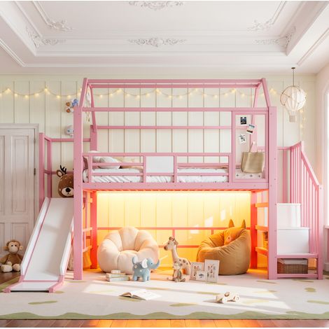 Hochbett 90/200 cm Rosa aus Metall mit Rutsche, Bluetooth-LED und Stauraum (1/5)