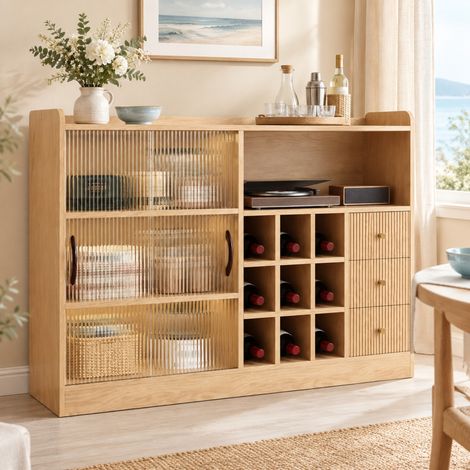 Meuble de rangement 120 cm avec LED, portes coulissantes en verre et casier à vin OKMYHOME (1/5)