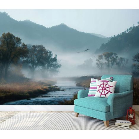 Fototapete Wald See Nebel Natur, für Wohnzimmer und Schlafzimmer, 300 x 210 cm – Komplettset inkl. Kleister & Anleitung (1/5)