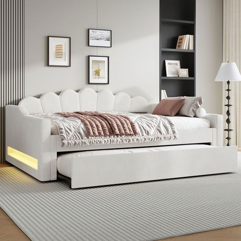 lit gigogne adulte 140x200, gain d'espace canapé gigogne, LED multicolore, housse lin (1/5)