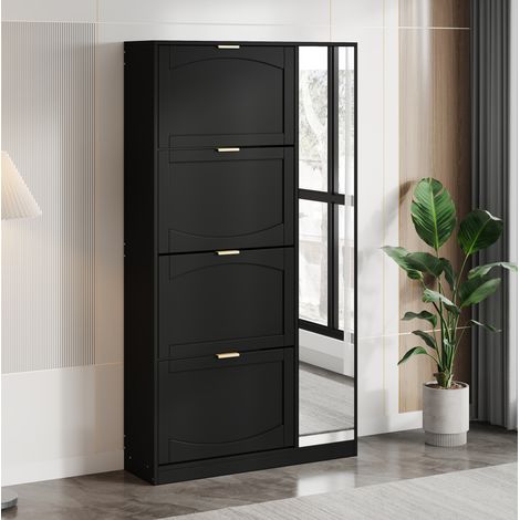 Mueble zapatero con espejo y 4 huecos abatibles negro OKMYHOME (1/5)