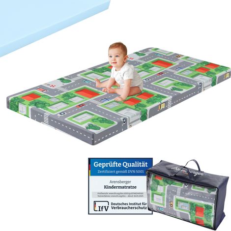 Arensberger Kinderreisebett Matratze 60x120 cm – faltbare Baby- & Kindermatratze mit Stadtmotiv, Nanocell Gelschaum, abnehmbarer Bezug & Tragetasche (1/5)