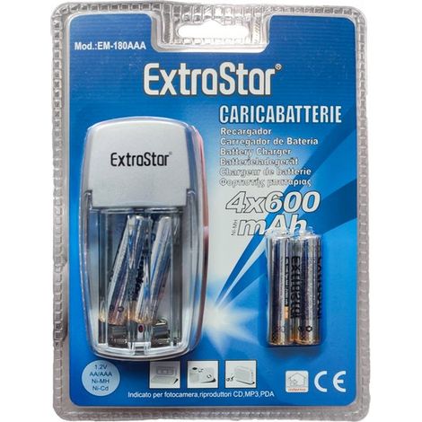 Kit Caricabatterie Caricatore Con 4 Pile Mini Stilo AAA Ricaricabile Ni-Cd Ni-MH 600mAh Presa EU Da Rete Casa 220V