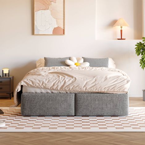 Lit coffre 140x200 cm gris en lin, sans tête de lit, rangement hydraulique, 2 tiroirs, sommier 13 lattes inclus, charge 250 kg (1/5)